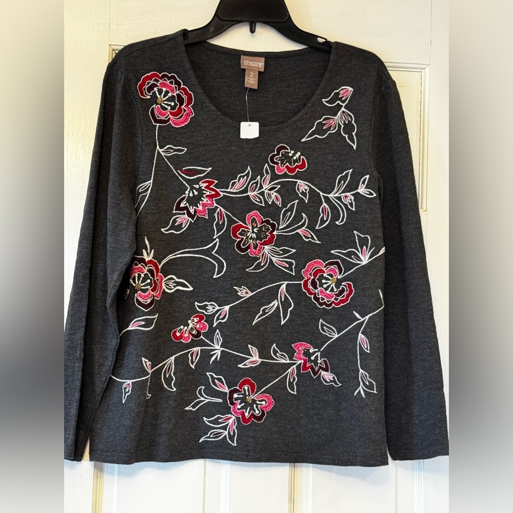 Chico's Dark Gray Floral Embroidered Long Sleeve Top